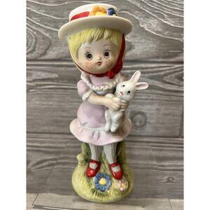 Vintage Ceramic Girl with Bunny Rabbit Figurine 6.5” Midcentury Easter Spring